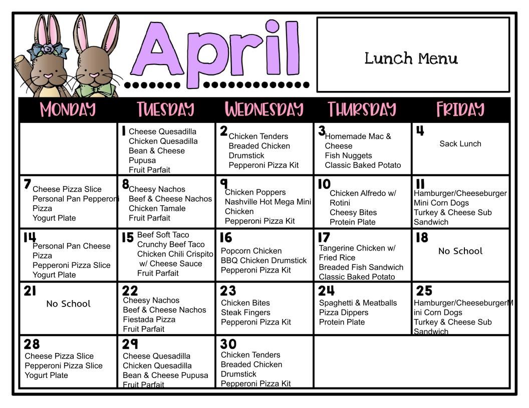  April Lunch Menu
